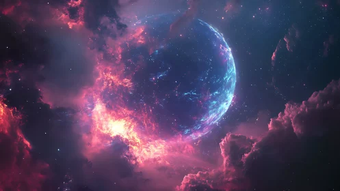 Glowing neon planet emerges from swirling cosmic nebula.