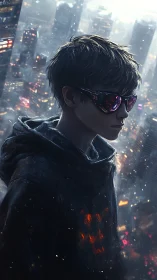 Hooded youth in reflective visor above dense night cityscape.