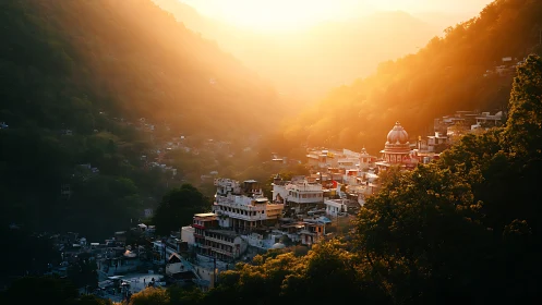 Photorealistic hill town at sunrise with temple focal point.