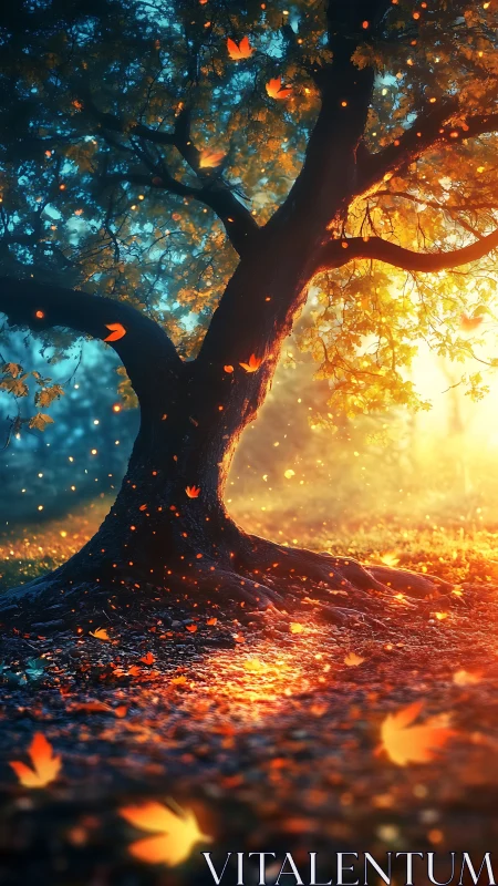 Enchanted autumn tree in glowing twilight forest light.