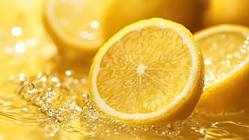 High-contrast macro study of lemon slices splashing in yellow liquid