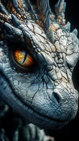 Gentle dragon close‑up with glowing molten amber eye.