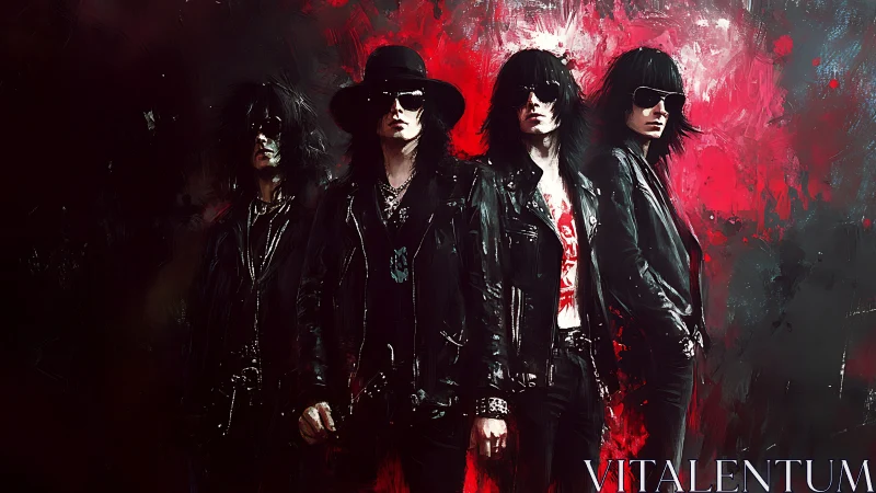 Rebel rock band glowing against a wild red backdrop.