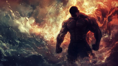 Muscular warrior emerges from blazing cosmic storm