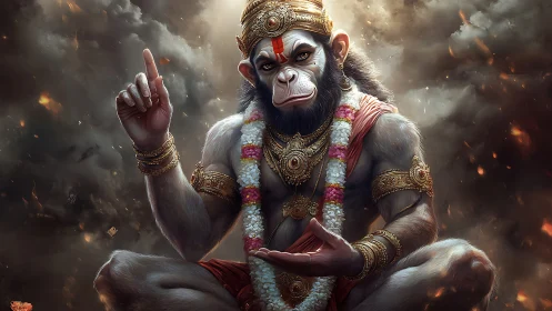 Divine simian warrior in meditative stormlit splendor.