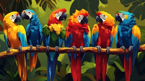 Vibrant Macaws on Jungle Branch in Colorful Digital Art Style.