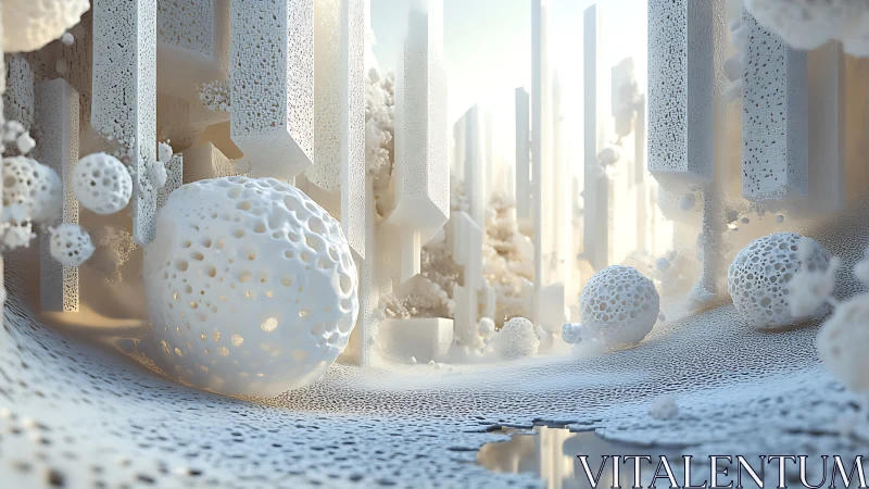 Parametric white fractal spheres in volumetric-lit canyon environment