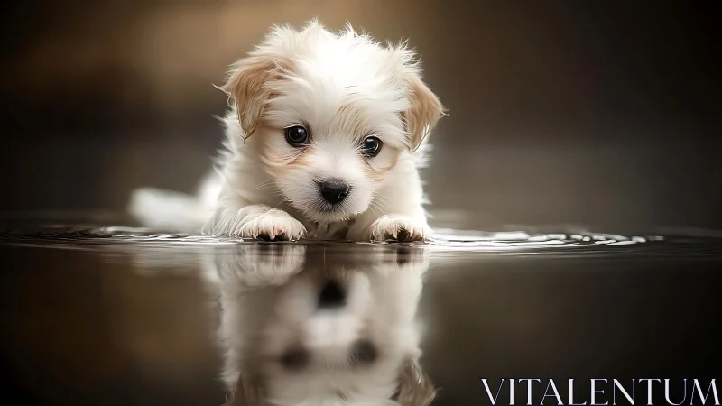 High detail shallow-depth portrait of puppy over reflective water