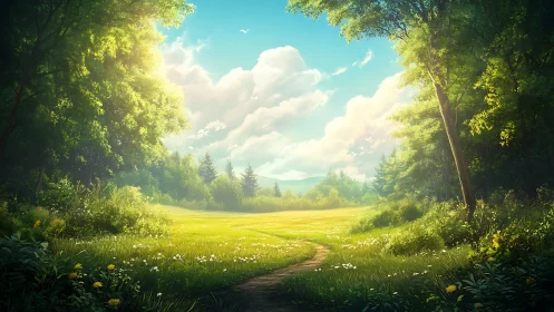 Sunlit grassy clearing with winding path through trees.