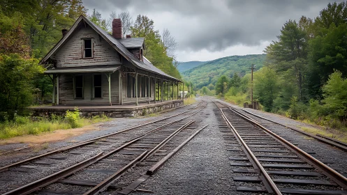 Photorealistic rural rail depot with converging track lines.