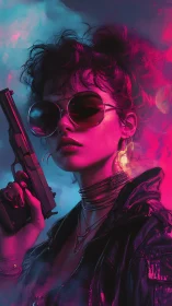 Neon lit female figure with handgun in cyberpunk setting.