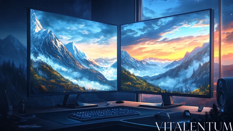 Dual ultrawide monitors rendering luminous alpine vista diptych.