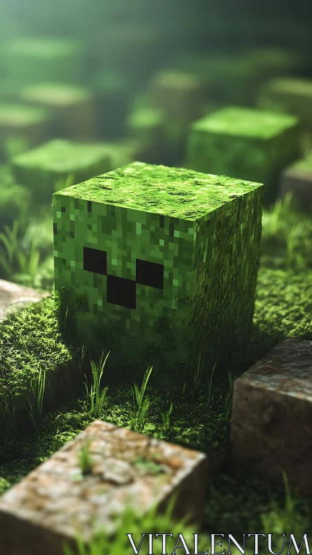 Pixelated green cube creature in grassy block landscape.