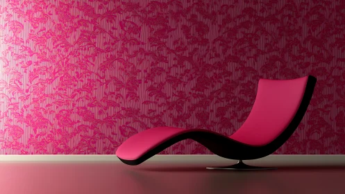 Curved pink lounge chair against patterned magenta wall.