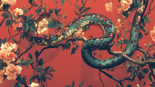 Serpentine mosaic curls through painted blossoms in midair