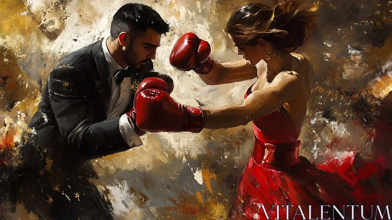Formal Sparring: Boxing Match Between Suited Gentleman and Red-Gloved Woman