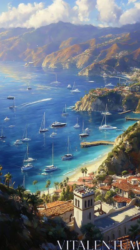 Mediterranean Coastal Bay with Anchored Sailboats