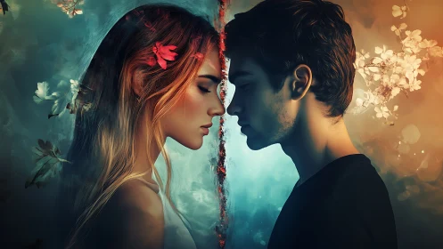 Two faces separated by glowing floral barrier.