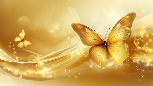 Golden butterflies glide through luminous particle streams and waves