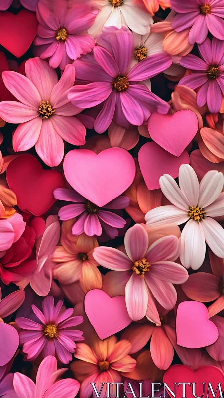 Vibrant Pink Cosmos Flowers and Hearts Bloom Together.