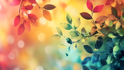 Colorful leaf branches arc across soft bokeh background