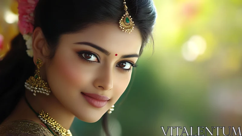 Graceful woman in traditional jewelry shares a gentle smile