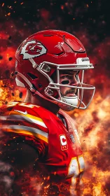 American football player in red uniform amid flames.