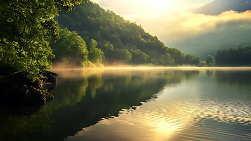 Sunlit mountain lake mirrored in tranquil morning mist.