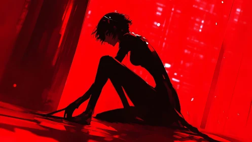 Silhouetted lone figure in crimson neon urban void.