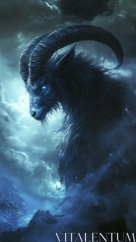 Stormborn astral goat watches frozen clouds remember thunder