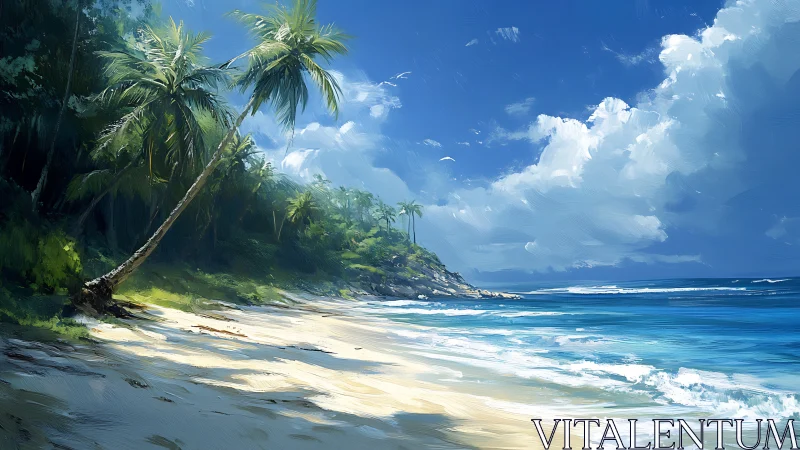 Tropical Beach Coastline with Palm Trees and Ocean Waves