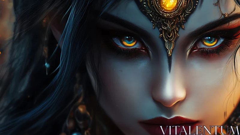 Digital painting close-up of mystical jeweled sorceress portrait.