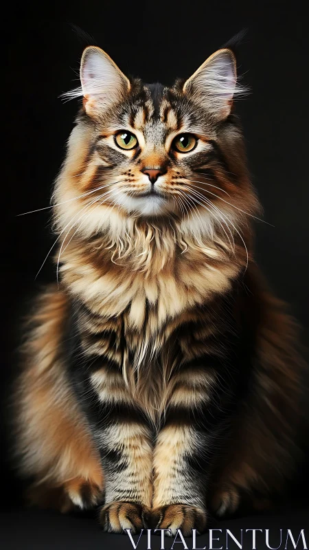 Maine Coon long-haired cat with tabby striping and yellow-green eyes
