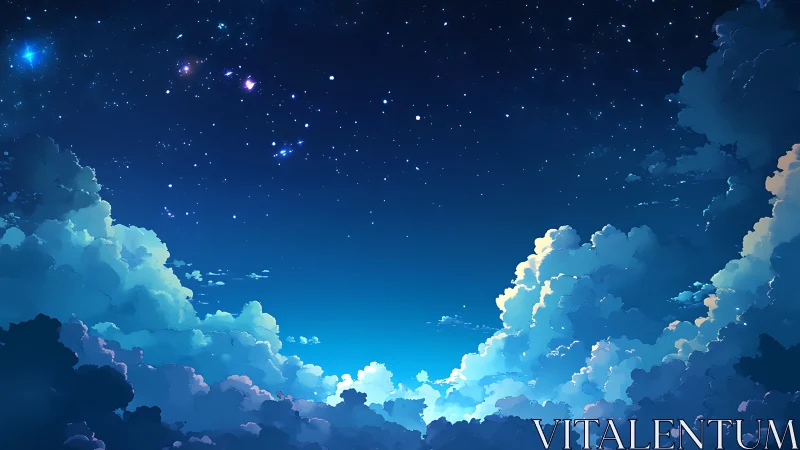 Cloud kingdoms cradle a gemstone sky of midnight stars