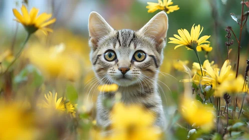 Tabby Kitten Portrait Amidst Yellow Flowers: High-Resolution Nature Study
