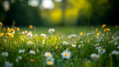 Daisy flowers bloom in spring meadow with selective focus.
