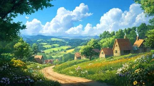 Sunny country lane winding through a peaceful hill village.