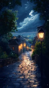 Rain-soaked cobblestone street under nocturnal city glow.