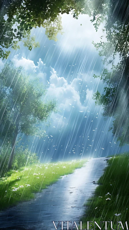 Rainfall over tree-lined path with wet reflective surface.