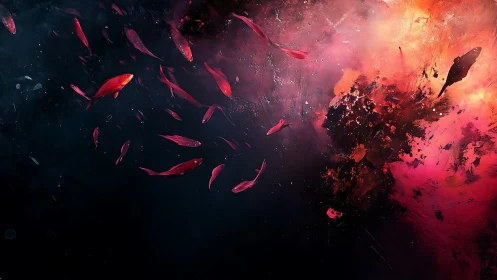 Red fish silhouettes traverse dark water beside bright eruption