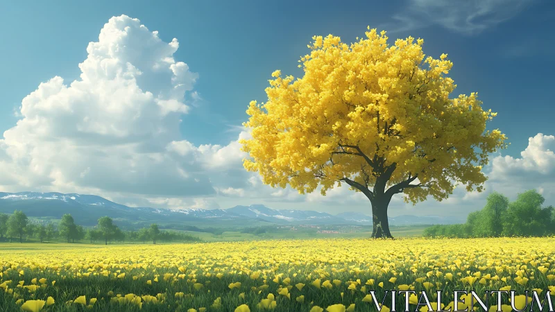 Solitary yellow tree dominates flowered plain under cumulus sky