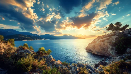 Sunlit cliffs embrace a sapphire bay beneath roaming clouds.