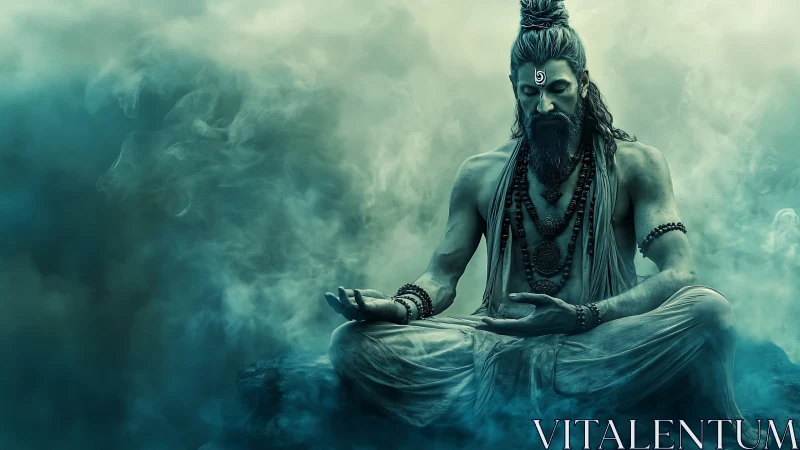Meditating male figure in mist with stylized forehead mark.