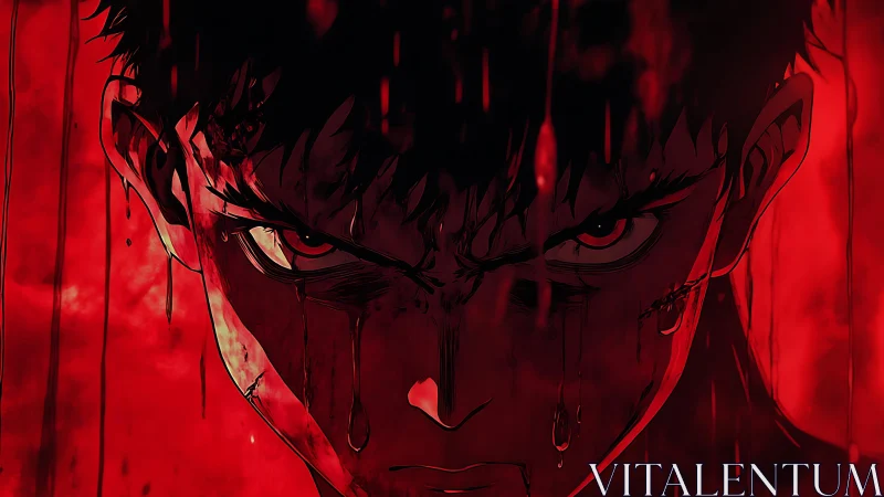 Blood-soaked anime glare captures raw rage in crimson light