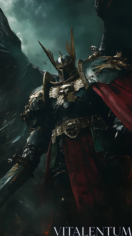 Winged gothic warlord in gilded armor under storm skies.