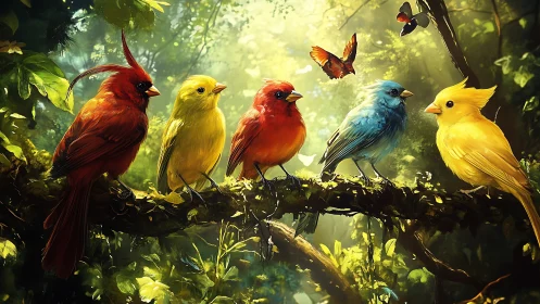 Vibrant Colorful Birds on Branch in Sunlit Forest, Digital Art Style.
