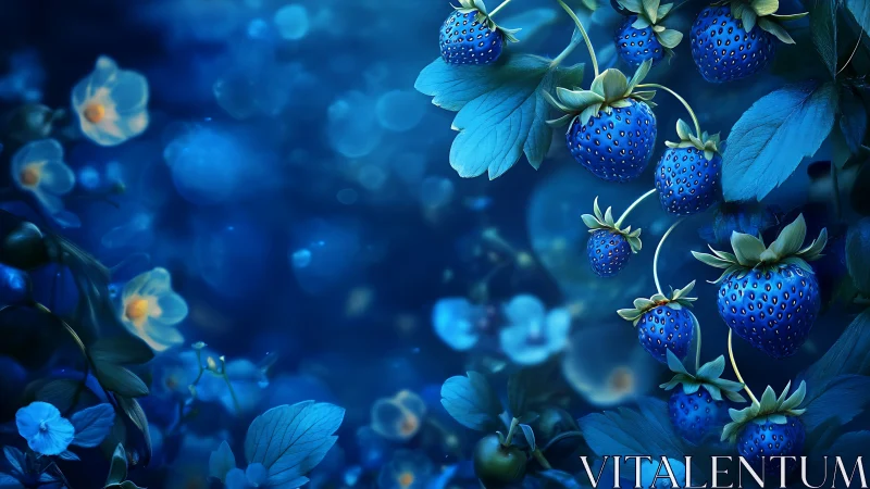 Digital painting of luminous blue strawberries in nocturnal garden.