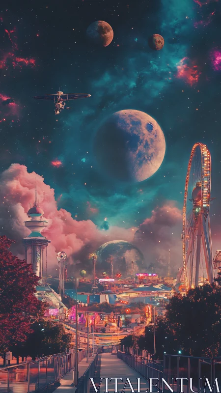 Cosmic midway dreams swirl above a neon interstellar carnival.