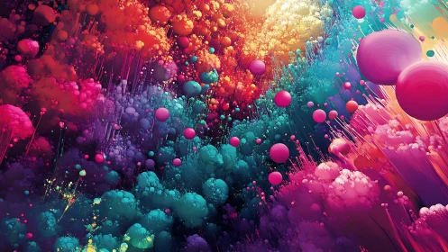 Dense neon abstract cloudscape with floating pink spheres.