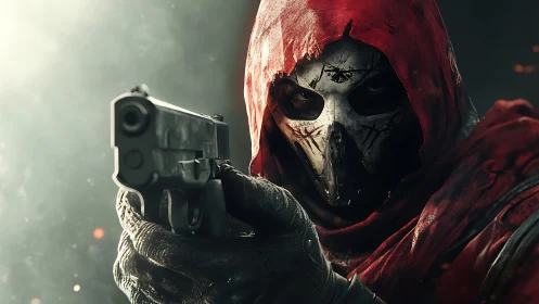Masked gunman in red hood rendered with cinematic lighting.